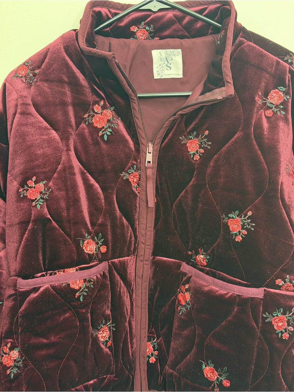 Altar'd State Freya Velvet Burgundy Quilted Jacket with Rose Floral Embroidery